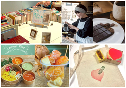 （左上）持参した本の数だけ、会場の本と交換できる「本のバトン」（右上）フード出店「焙煎と珈琲 織の花。AND CACAO」（左下）フード出店「wabi-sabi発酵と珈琲と」（右下）ワークショップで作れるbookサコッシュ