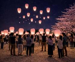 「夜空を舞う桜色ランタン＆絶品グルメ！体験満載の扇町桜まつりが大阪・扇町公園で」の写真