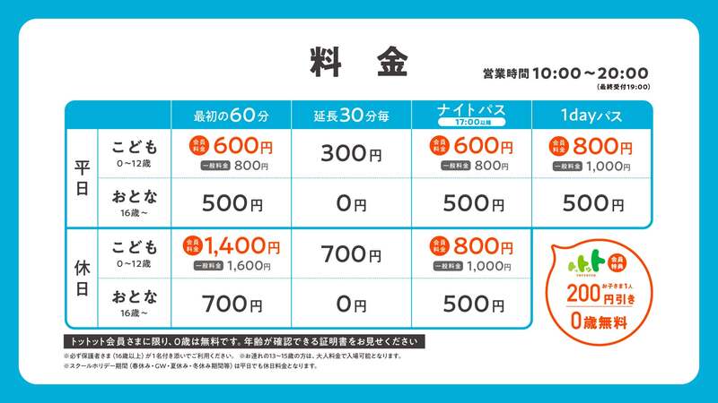 ※上記料金は子育て応援アプリ「トットット」に会員登録された方の会員価格です