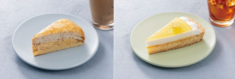 ミルクレープ ダブルクリーム、レモンライムミントのタルト（いずれも単品530円／セット900円〜）