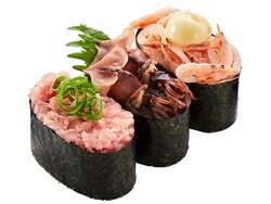 『3種の春ネタ軍艦三昧』  三貫320円（税込）〜  （・プレミアムねぎとろ軍艦〜みなみ鮪使用〜・ほたるいか軍艦・桜えびマヨ軍艦）