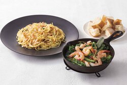 桜えびのペペロンチーノやえびと菜の花のアヒージョ