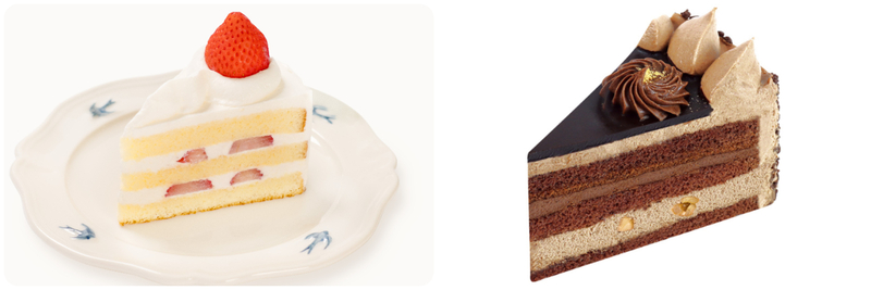 （左）「プレミアムショートケーキ」、（右）「プレミアムチョコ生ケーキ」