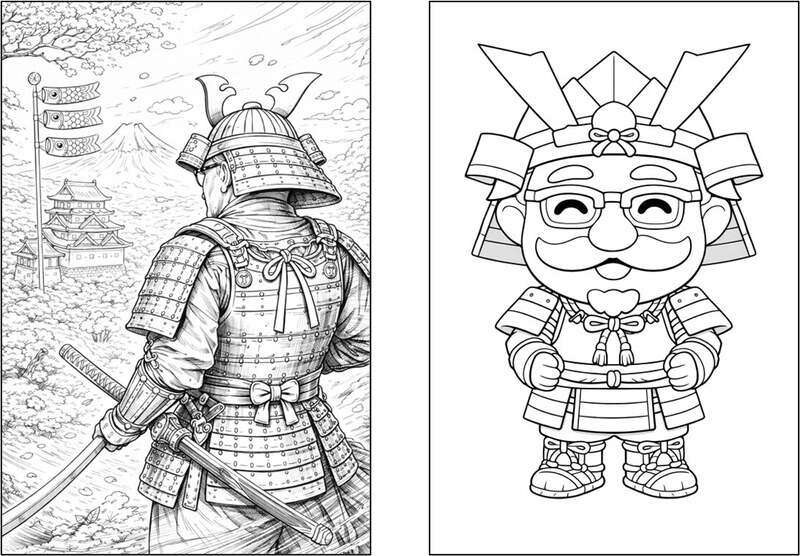 左から「武者カーネル塗り絵」デザイン（1）、「武者カーネル塗り絵」デザイン（2）