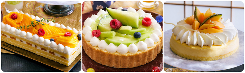 （左）マンゴーショートケーキ、（右）メロンとバニラのシャルロット、（右）スフレチーズケーキとメロン