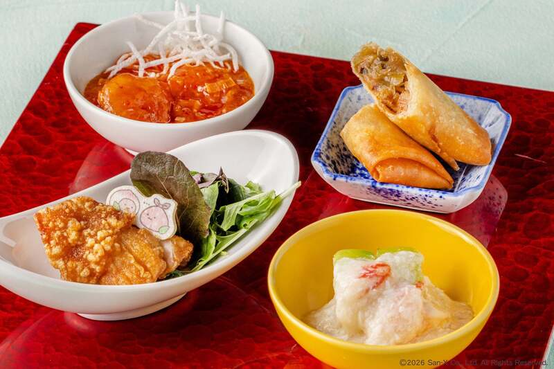 温菜4種（海老のチリソース煮、春巻、冬瓜の蟹肉あんかけ、唐揚げ）