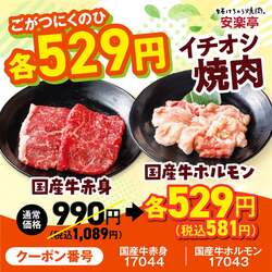 国産牛赤身（529円）、国産牛ホルモン（529円）