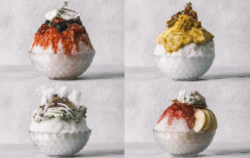 800°DEGREES TAKANAWA「井出農園”フルティカトマト”とチェリー」（左上）／「トウモロコシとみたらしわらび餅、ブラウンチーズケーキ」（右上）／「大河内煎茶と紫蘇ライチ、わらび餅」（左下）／「完熟ももと烏龍ミルクティー　」（右下）