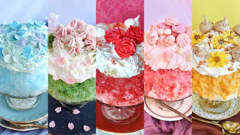 メイプリル 全5種のラインアップ（左から「深海の蒼花氷〜チョコミント〜」「花霞の抹茶氷〜抹茶のバスクチーズケーキ〜」「恋雲の果実氷〜フルーツスムージー〜」「向日葵の琥珀氷〜キャラメルバナナ〜」）