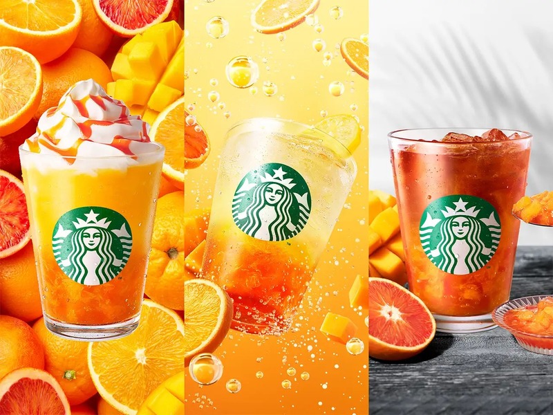 スターバックス「ぎゅぎゅっと オレンジ＆マンゴー フラペチーノ」「チラックス ソーダ オレンジ ＆ マンゴー」「クラフト ジューシー オレンジ ＆ マンゴー ティー」