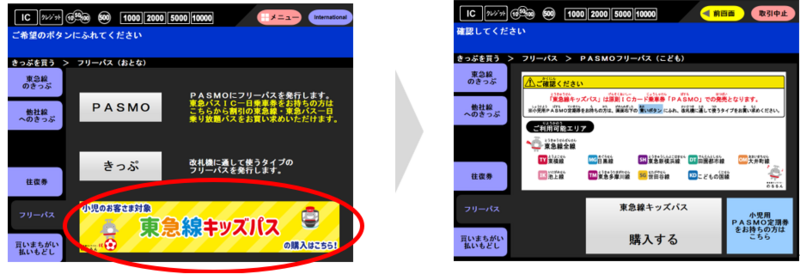 自動券売機からは、フリーパスを選択、小児用PASMOで購入可能