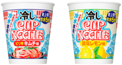 「冷しカップヌードル」ピリ辛キムチ味（左）／鶏塩レモン味（右）