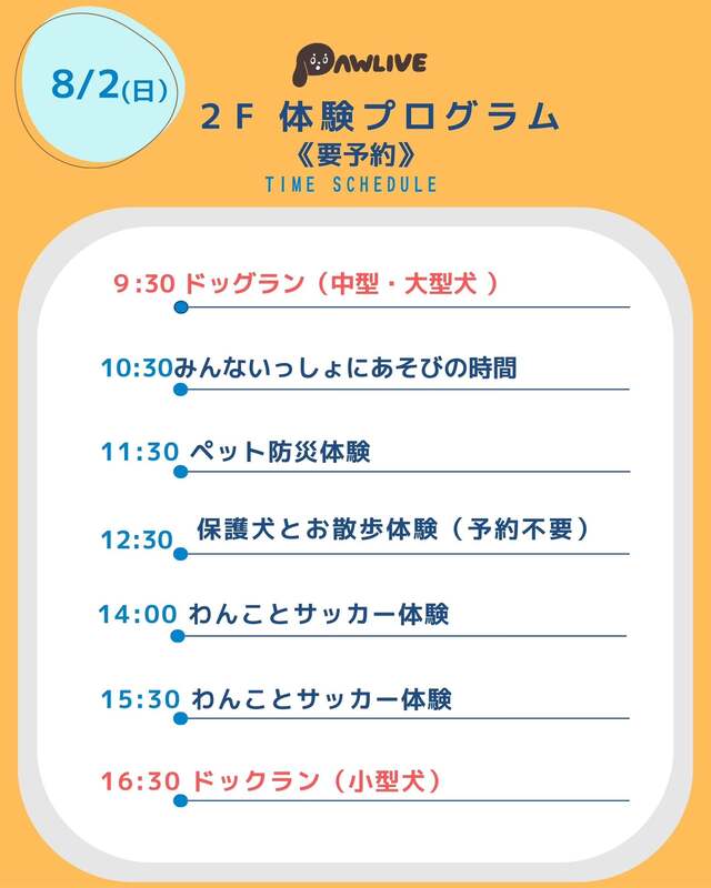 8月2日（日）体験プログラムスケジュール