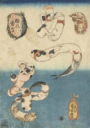 歌川国芳《猫の当字 かつを》天保13（1842）年頃  個人蔵