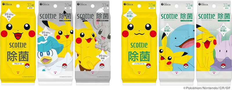 スコッティ「ウェットティシュー 除菌 アルコール」（左）「除菌 ノンアルコール」（右） （C）Pokemon. （C）Nintendo/Creatures Inc./GAME FREAK inc.