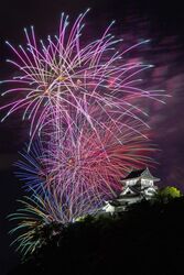 国宝・犬山城を背景に打ち上げられる大型花火