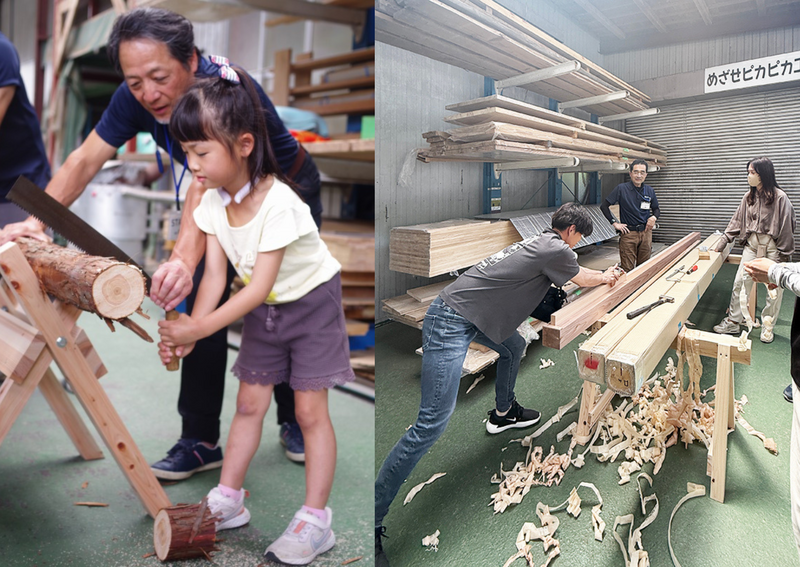 丸太の輪切り体験と鉋掛けの様子