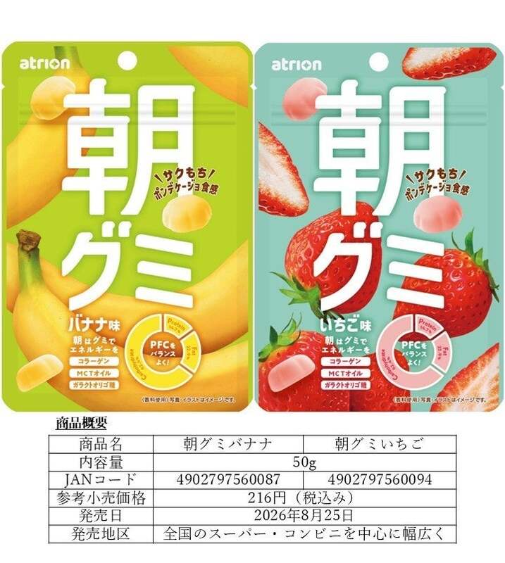 アトリオン製菓「朝グミ バナナ」「朝グミ いちご」