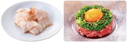 （左）白ホルモン、（右）和牛ユッケ