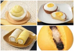 8/31〜9/1発売の4品（バスク風ゴシュア、月見カスタードプリンタルト、月見ミニもち食感ロール、月見まん）