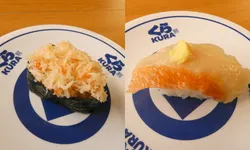 （左）「厳選かに軍艦（一貫）」110円　販売期間：9月4日〜13日／（右）「超熟成 金目鯛（一貫）」110円　販売期間：9月4日〜27日