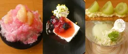 （左）「夢のふわ雪 とろっと白桃」440円／（中）「ベリーのレアチーズケーキ」350円／（右）「マスカットミルフィーユパフェ」580円　すべて販売期間：9月4日〜10月1日、持ち帰り不可　※パフェは数量限定、「グローバル旗艦店原宿」では取り扱い無し