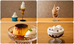 （左上）ソフトクリーム　カップ・コーン650円、（右上）ソフトクリームサンデー900円、（下段）グラスデザート各種