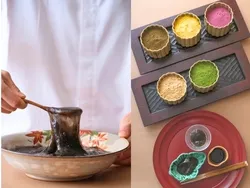 「わらび餅」は、紅芋、南瓜、ほうじ茶、抹茶、きな粉の5種類から好みの粉をまとわせ、仕上げには、たっぷりの黒蜜も