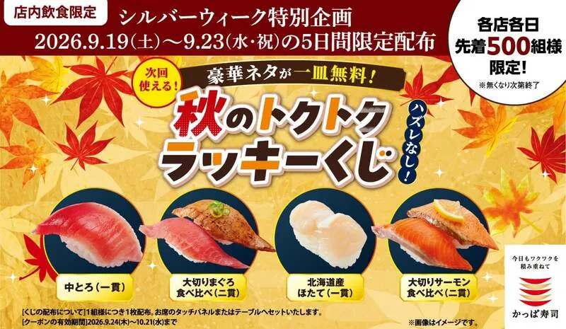 かっぱ寿司「秋のトクトクラッキーくじクーポン」