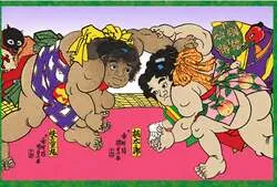 「約25,000本のカーネーションで桃太郎と金太郎の相撲を描く！お台場に3日間限定アート」の写真