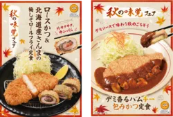 秋限定メニューの北海道産さんまの梅しそロールフライ定食とデミ香るハムチー包みかつ定食