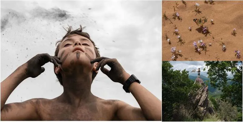 △左：Arturo with Ashes at a Nature Immersion Camp, Italy, 2021　右上：Painted Lady Butterfly on Ghurayra, Jordan, 2022　右下：Gerard Collecting Painted Lady Butterflies, Institut Botànic de Barcelona, Spain, 2021