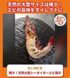 肉と海鮮 極「稀少！天然大型シータイガーエビ焼き」1,000円