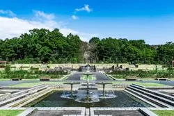 春・秋には、中央の噴水を囲むようにしてバラが咲くローズガーデン