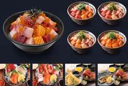 【左上】本日のぜいたく丼【右上】海鮮＆だし茶漬け【左下】刺身3種／5種盛り定食【右下】刺身＆天ぷら定食／刺身＆焼き魚定食