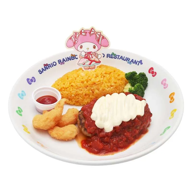 マイメロディのチーズハンバーグトマトソース＆ポップコーンシュリンプのプレート 1,780円