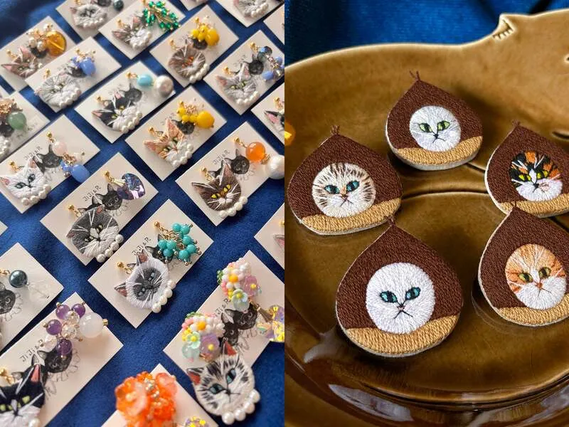 JiJi&Rの秋限定の栗をかぶった猫ブローチ（2,800円）、小ぶり猫刺繍ピアス・イヤリング（3,300円）