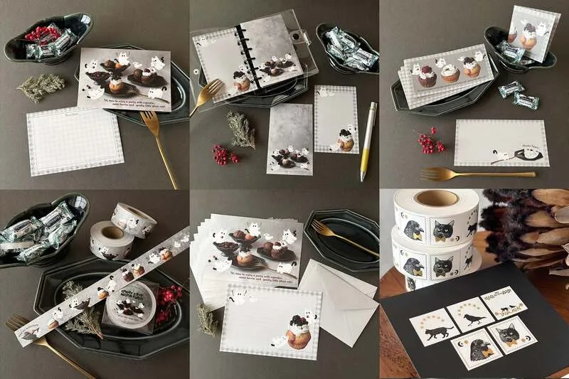 nemunoki paper itemのラベラーシール（おばけねこ）（1,320円）、レターセット（おばけねこ）（770円）