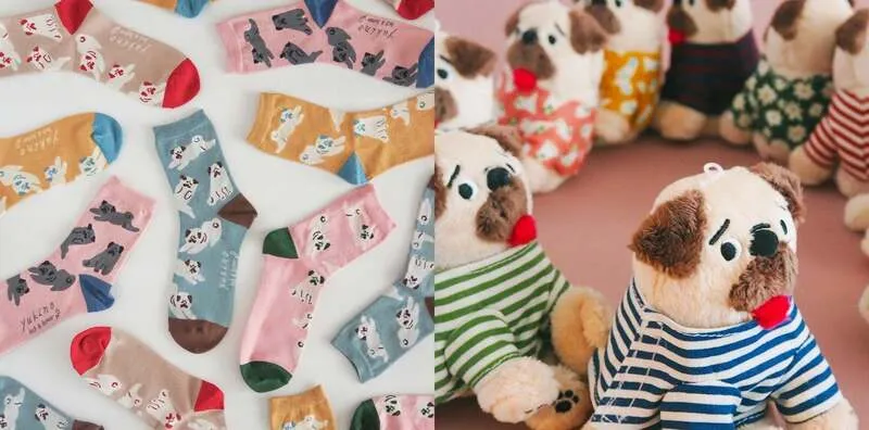 yukinoのパグ靴下（1,760円）、with me! PUG ぬいぐるみ（5,500円）