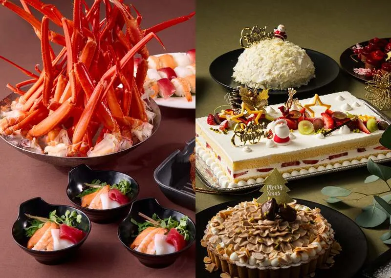 ボイルド蟹などのディナー限定メニューに加え、12月23日〜25日はクリスマスケーキも楽しめる贅沢なビュッフェ
