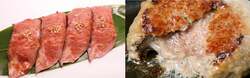 希少部位　ミスジ肉寿司（土鍋ごはん　米三）／将泰庵の飲めるハンバーグ（天下一の焼肉　将泰庵）